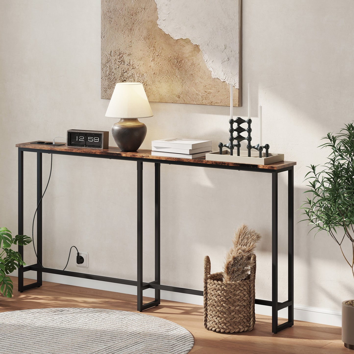 HOMCOM Schlanker Konsolentisch mit Ladestation, Industriestil, Stahlrahmen, Braun