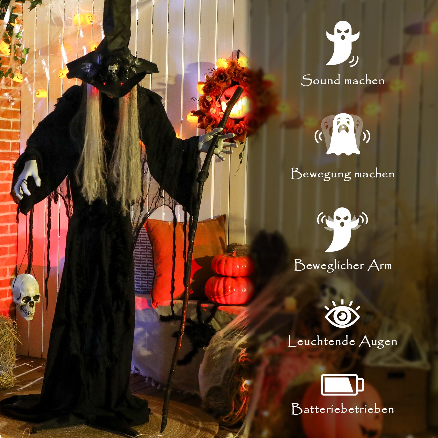 Outsunny 170 cm Halloween Dekoration Halloween Hexe mit LED-Lichter, Soundfunktion verstellbare Arme, Kopf