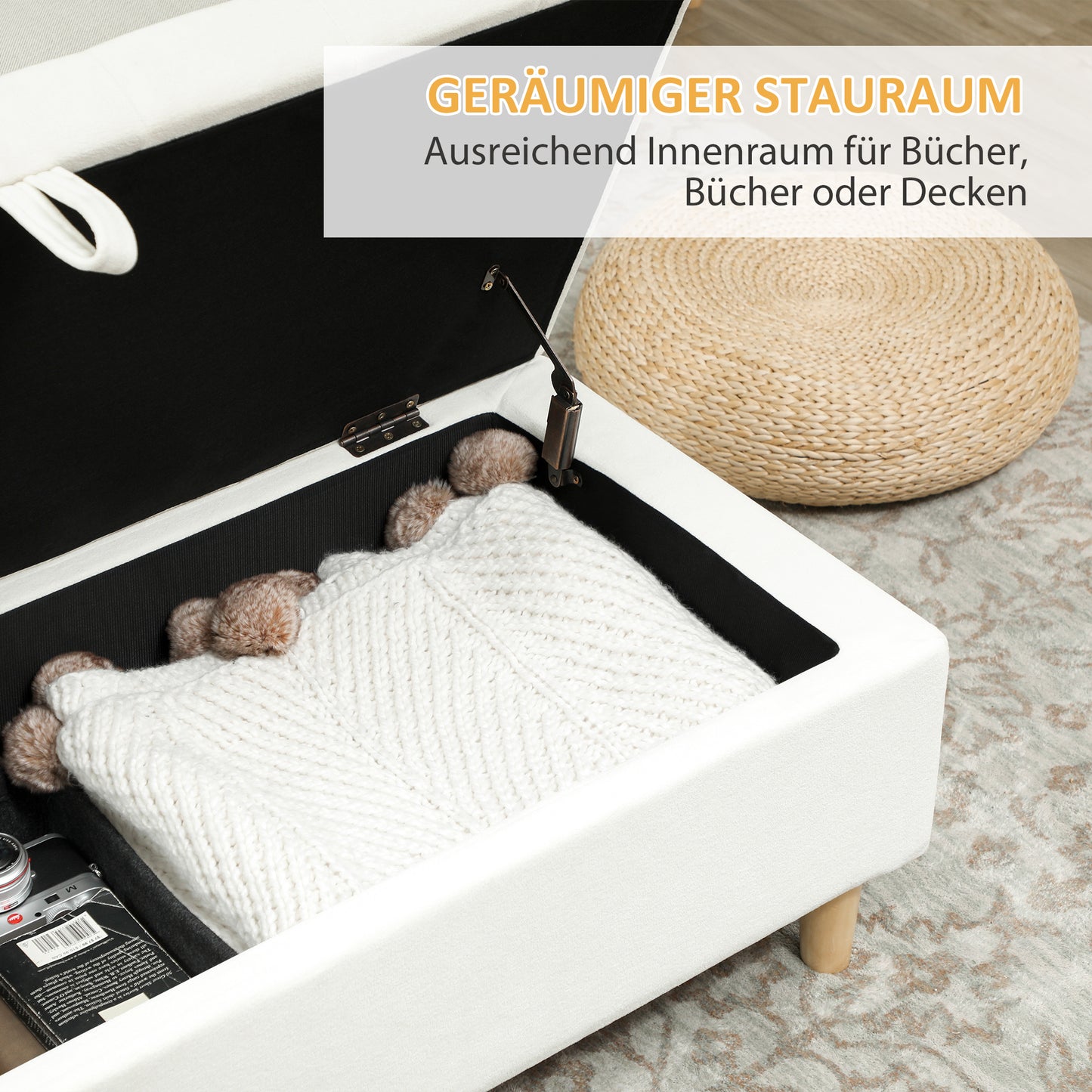 HOMCOM Polsterhocker mit Stauraum, Holzbeine, weicher Stoffbezug, Cremeweiß