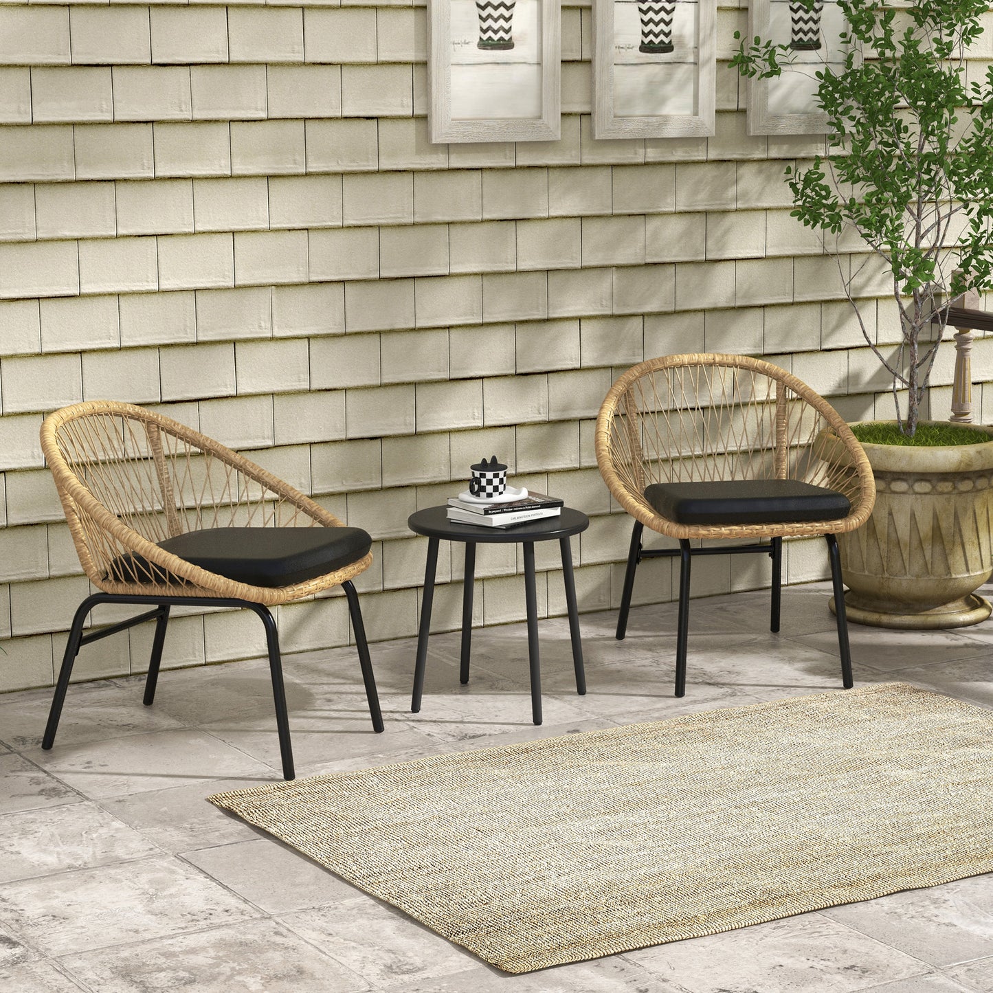 Outsunny Rattan Terrassengarnitur, Gartenmöbel-Set, 2 Sessel &amp; Tisch, Gelb