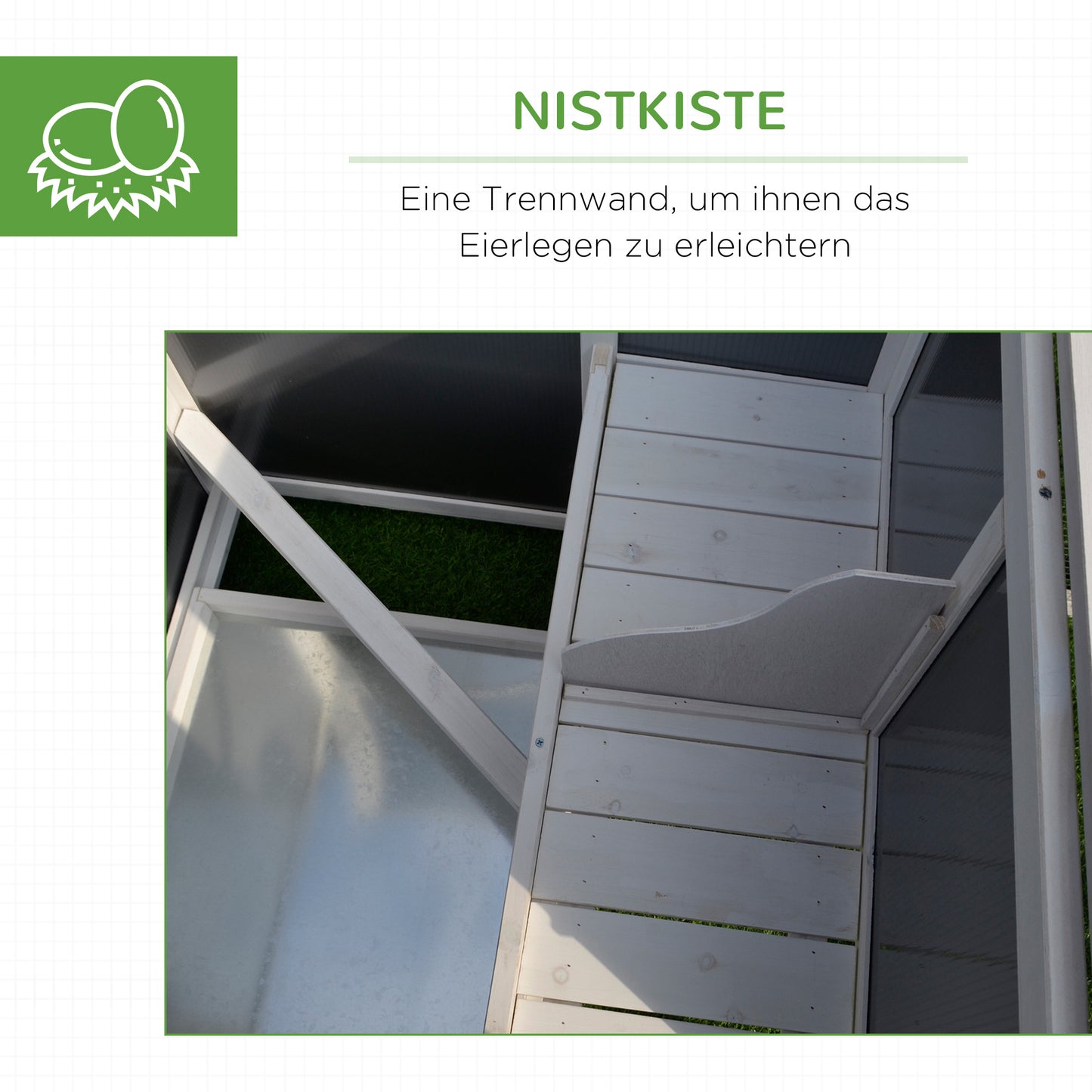 PawHut Hühnerstall Hühnerhaus Geeignet für 1-2 Hühner, mit Nistkasten Eierkiste mit 2 Fächern, Tanne, Grau+Weiß, 160 x 75 x 80 cm