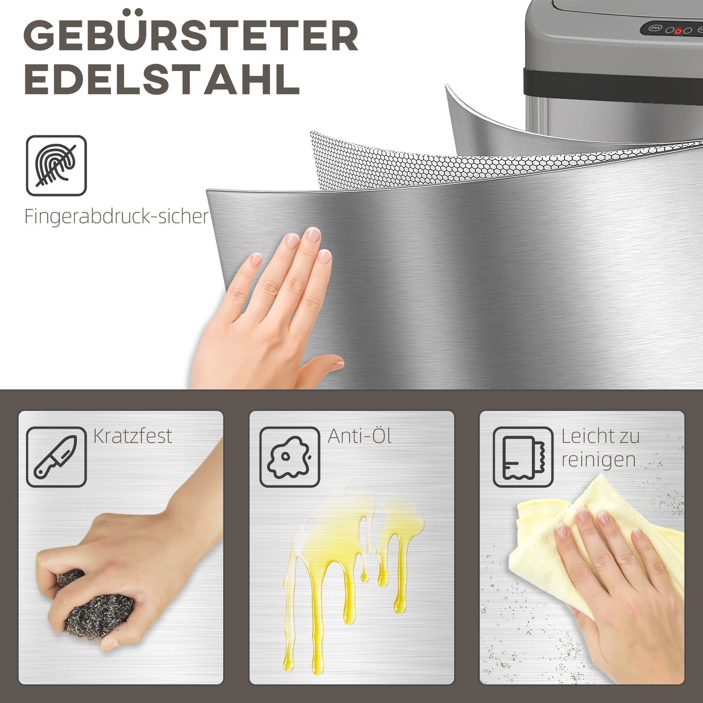 HOMCOM 48 L Sensor-Mülleimer für Küche oder Büro, automatische Schließ-Funktion, Edelstahl, Silberton