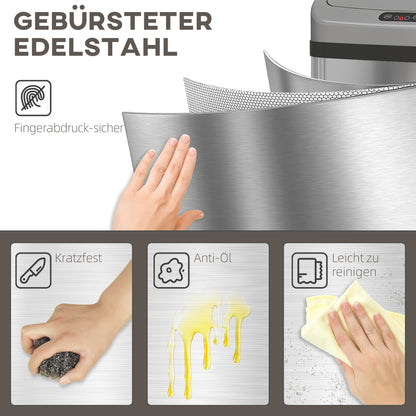 HOMCOM 48 L Sensor-Mülleimer für Küche oder Büro, automatische Schließ-Funktion, Edelstahl, Silberton