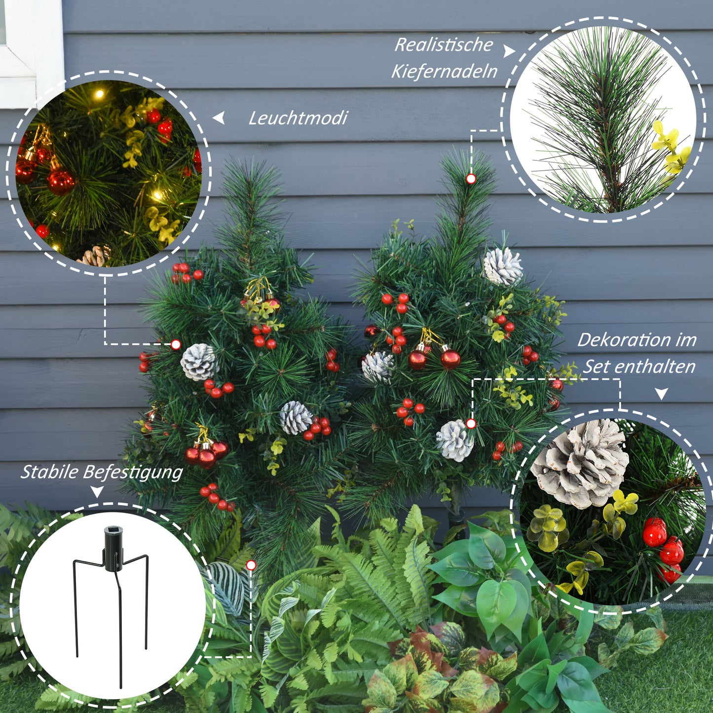 HOMCOM 2-er Set Weihnachtsbäume, Künstlicher Mini-Christbaum mit LED-Lichtern, Kunststoff, Metall, Ø33 x 75 cm, Grün