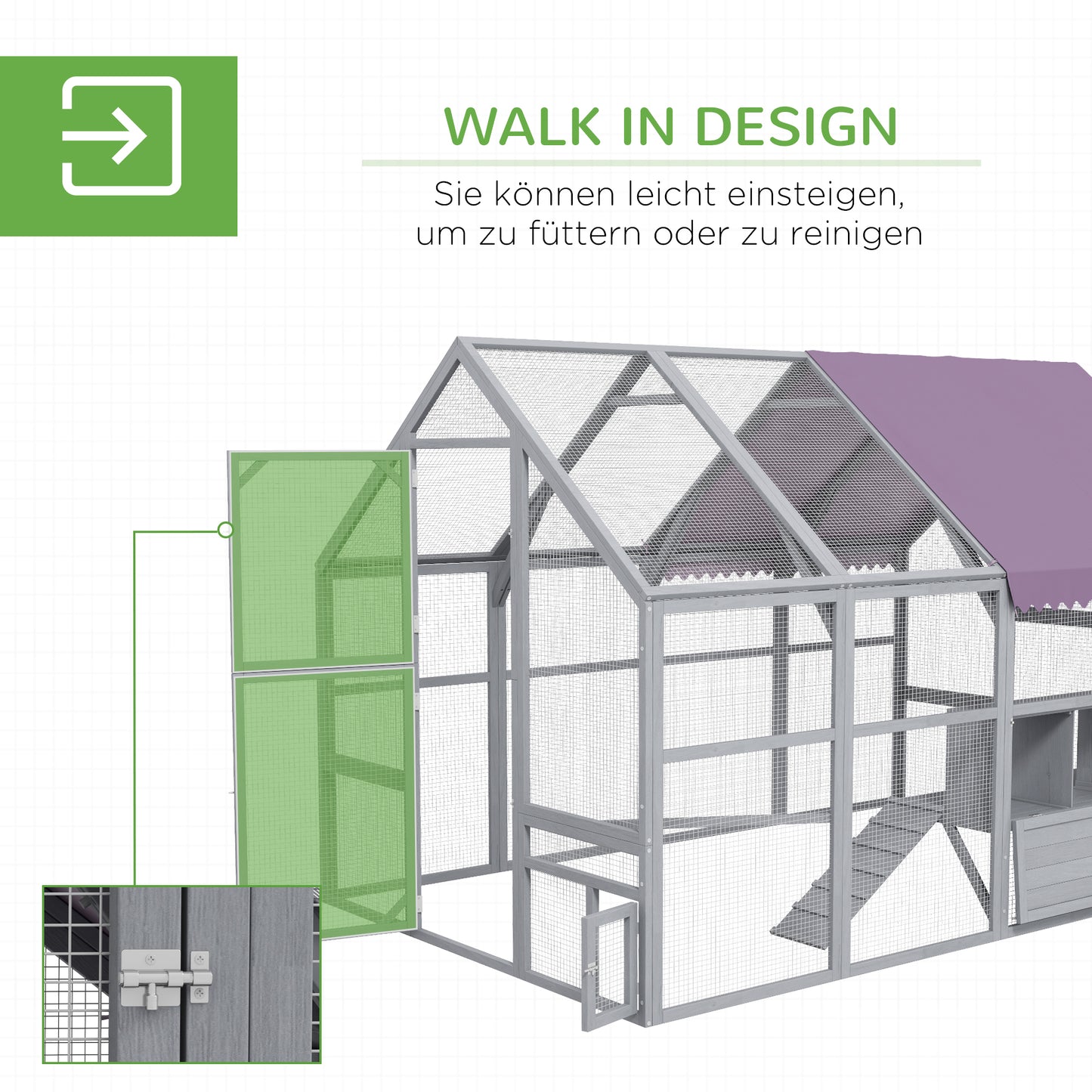 PawHut Hühnerstall Hühnerhaus Hühnerhütte, begehbar, wetterbeständig, 280 x 185,5 x 188 cm, Grau