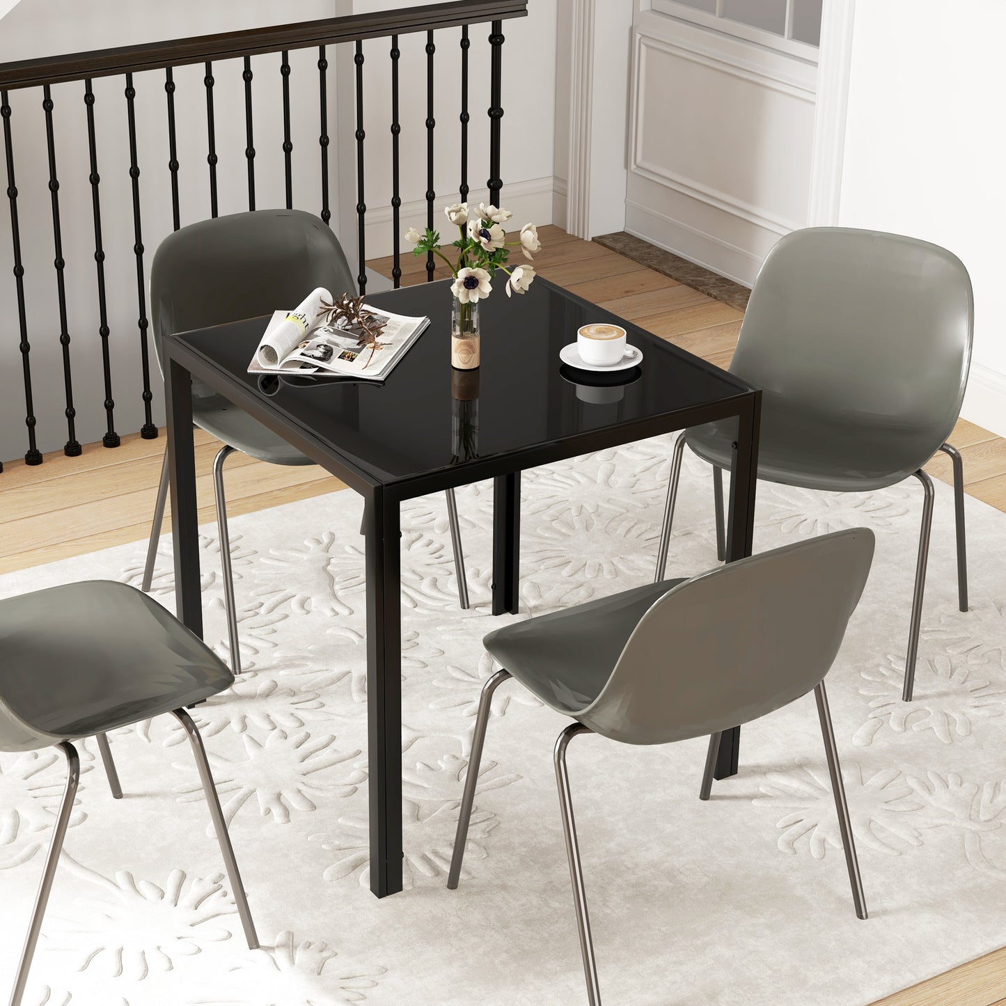 HOMCOM Quadratischer Esstisch für 4 Personen, Tischplatte aus Hartglas, für Küche und Esszimmer, 75 x 75 x 75 cm, Schwarz