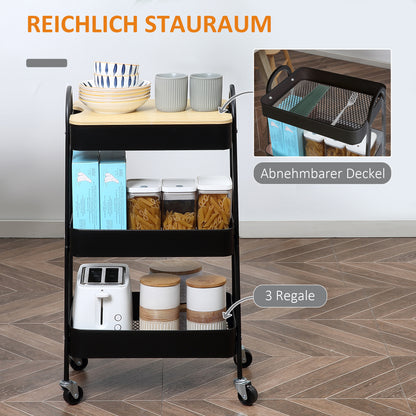 HOMCOM Rollwagen, Servierwagen mit 3 Korbböden, Metall, Kunststoff, Schwarz
