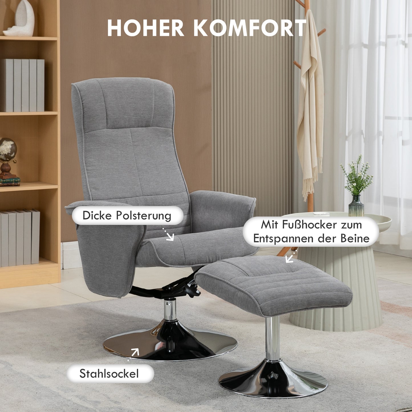 HOMCOM Relaxsessel mit Hocker, drehbar, neigbare Rückenlehne, bis 150 kg, 69 x 71 x 104 cm, Grau