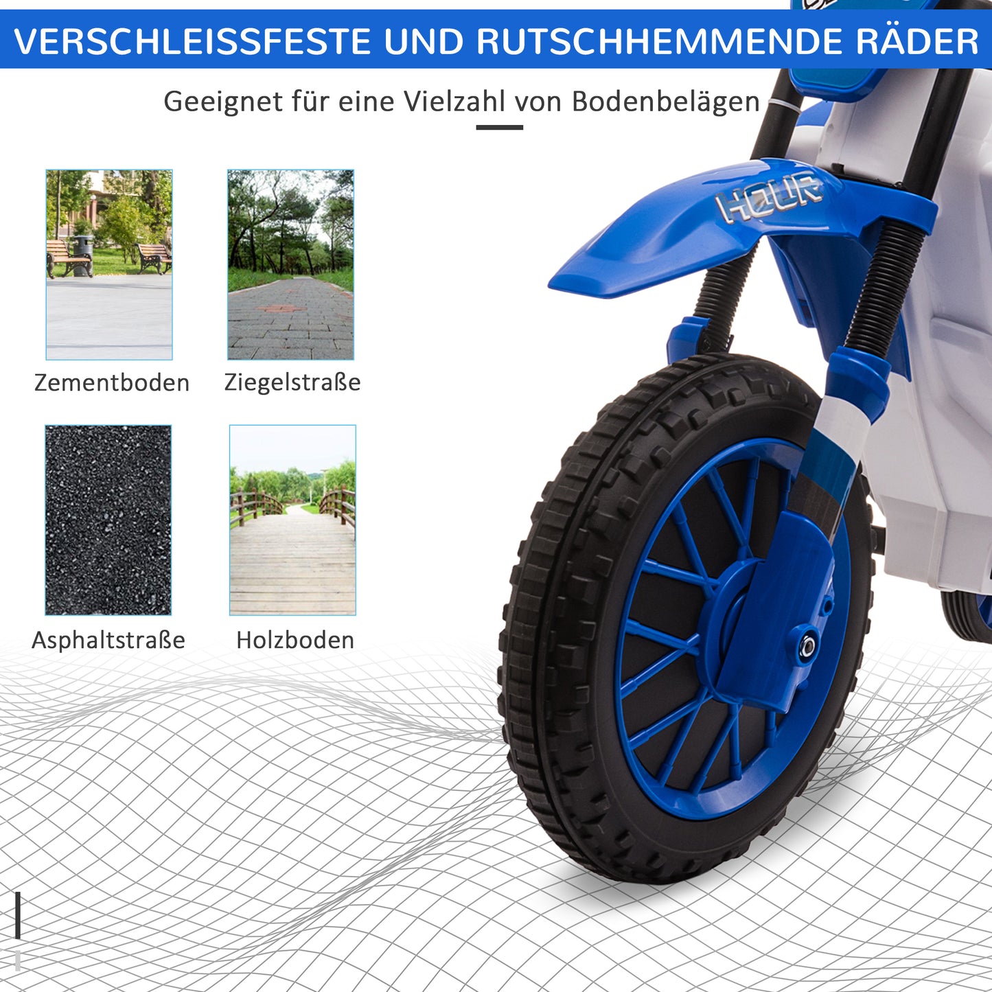 HOMCOM Kindermotorrad, Elektromotorrad, 45 Min Fahrzeit, mit Stützrädern, ab 3 Jahren, blau+weiß, 106,5 x 51,5 x 68cm