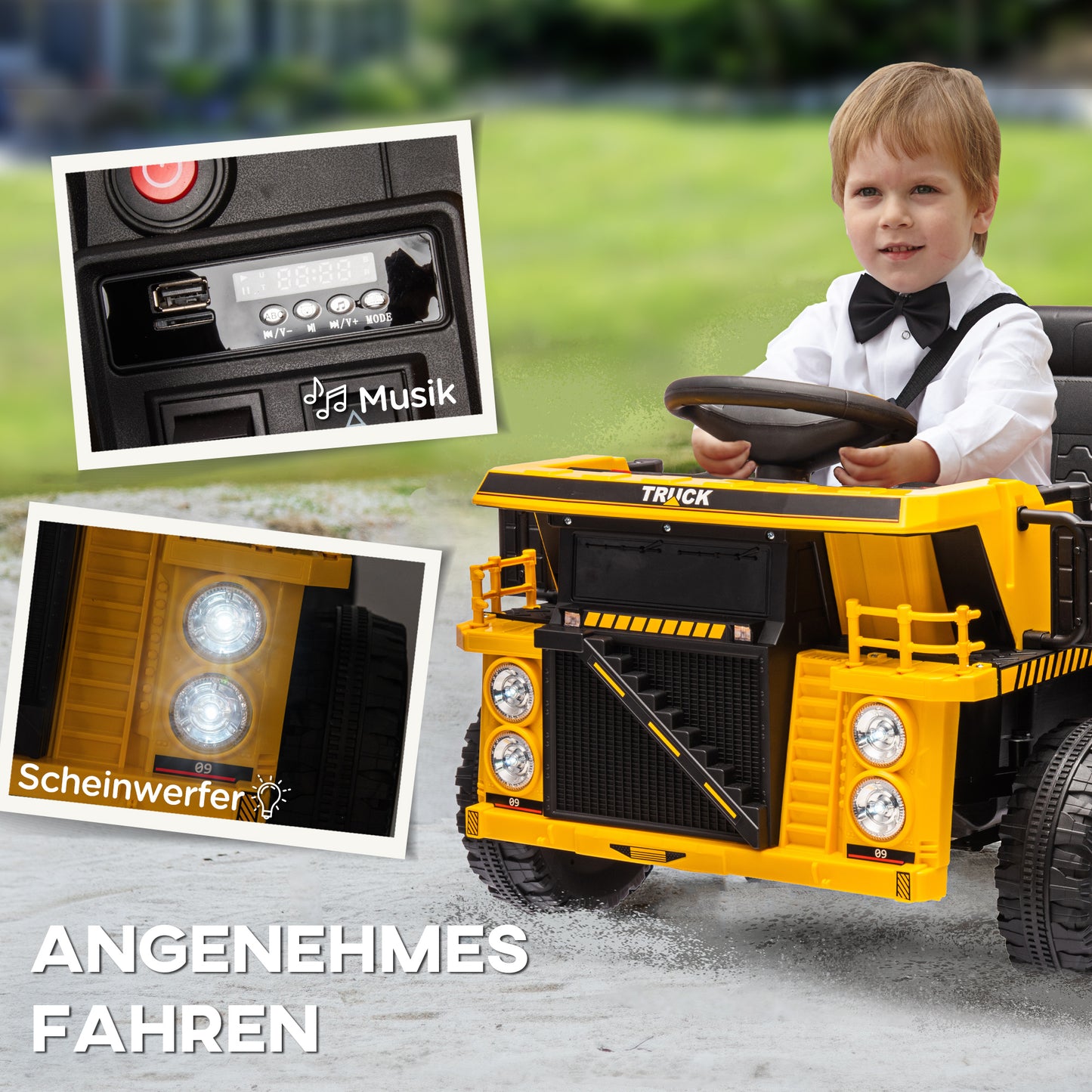 AIYAPLAY Elektro-Kipplaster, 3-6 km/h, Rutschauto, kippbare Ladefläche, Licht & Musik, für 3-5 Jahre