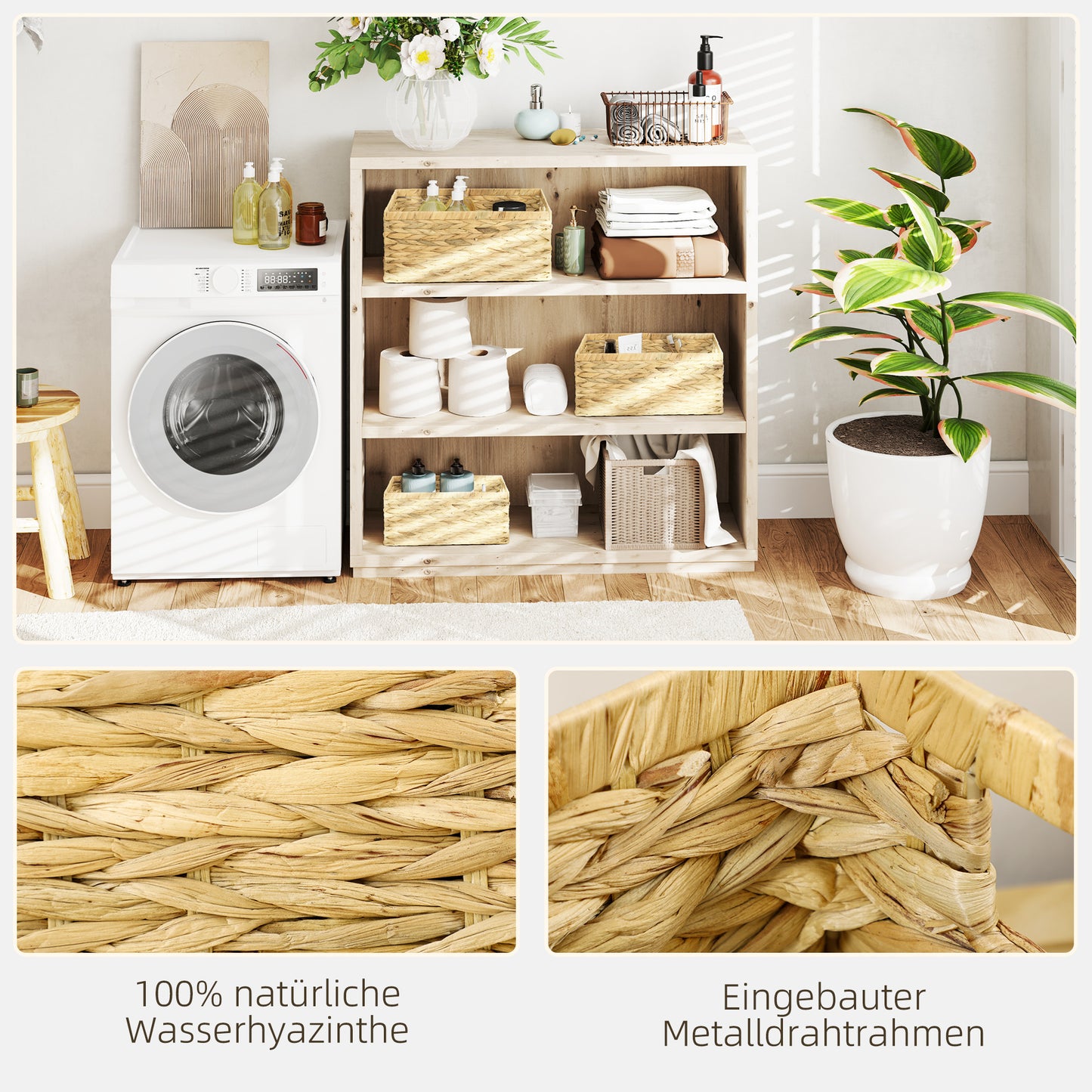 HOMCOM 3er-Set Aufbewahrungskörbe mit Griffen und Metallgestell, für Regale, Schlafzimmer Wohnzimmer, Badezimmer, Naturton