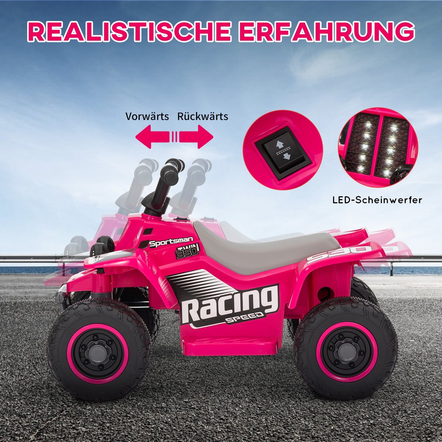 AIYAPLAY Elektrisches Quad Bike für Kinder, batteriebetrieben, fährt vorwärts und rückwärts, LED-Lichter, 18-36 Monate, Rosa