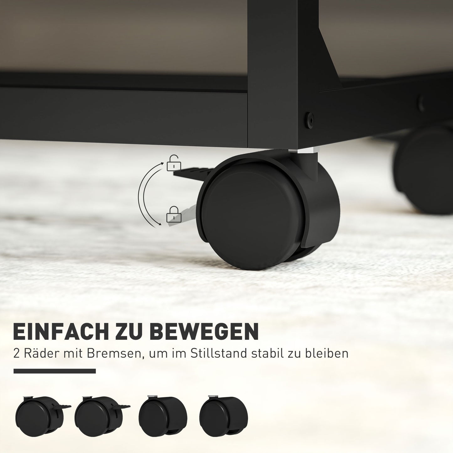 HOMCOM Beistelltisch, Schreibtisch, Nachttisch, höhenverstellbar, 4 Rollen, Metallrahmen