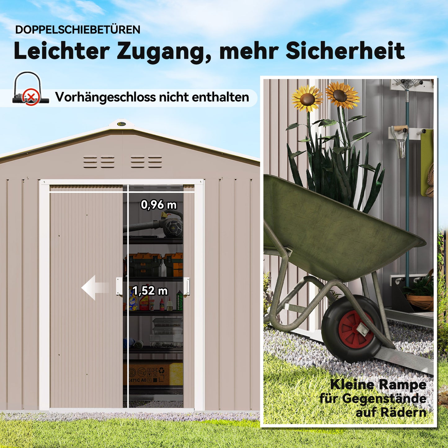 Outsunny Geräteschuppen aus Metall mit Schiebetüren und Belüftungsfenstern, 277 x 195 x 192 cm, Hellgrau