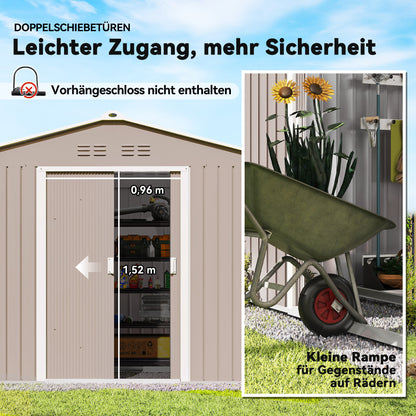 Outsunny Geräteschuppen aus Metall mit Schiebetüren und Belüftungsfenstern, 277 x 195 x 192 cm, Hellgrau