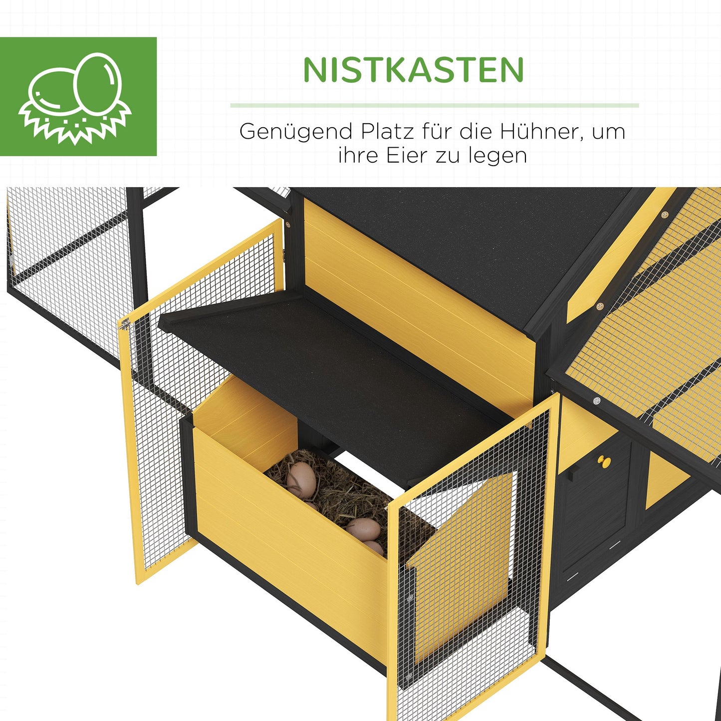 PawHut Hühnerstall Kleintierstall 2 Außengehege, 1 Nistkasten, 2 Rampen, Asphaltdach, wetterbeständig, Gelb