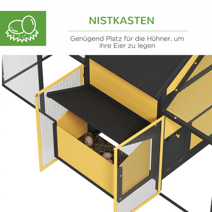 PawHut Hühnerstall Kleintierstall 2 Außengehege, 1 Nistkasten, 2 Rampen, Asphaltdach, wetterbeständig, Gelb