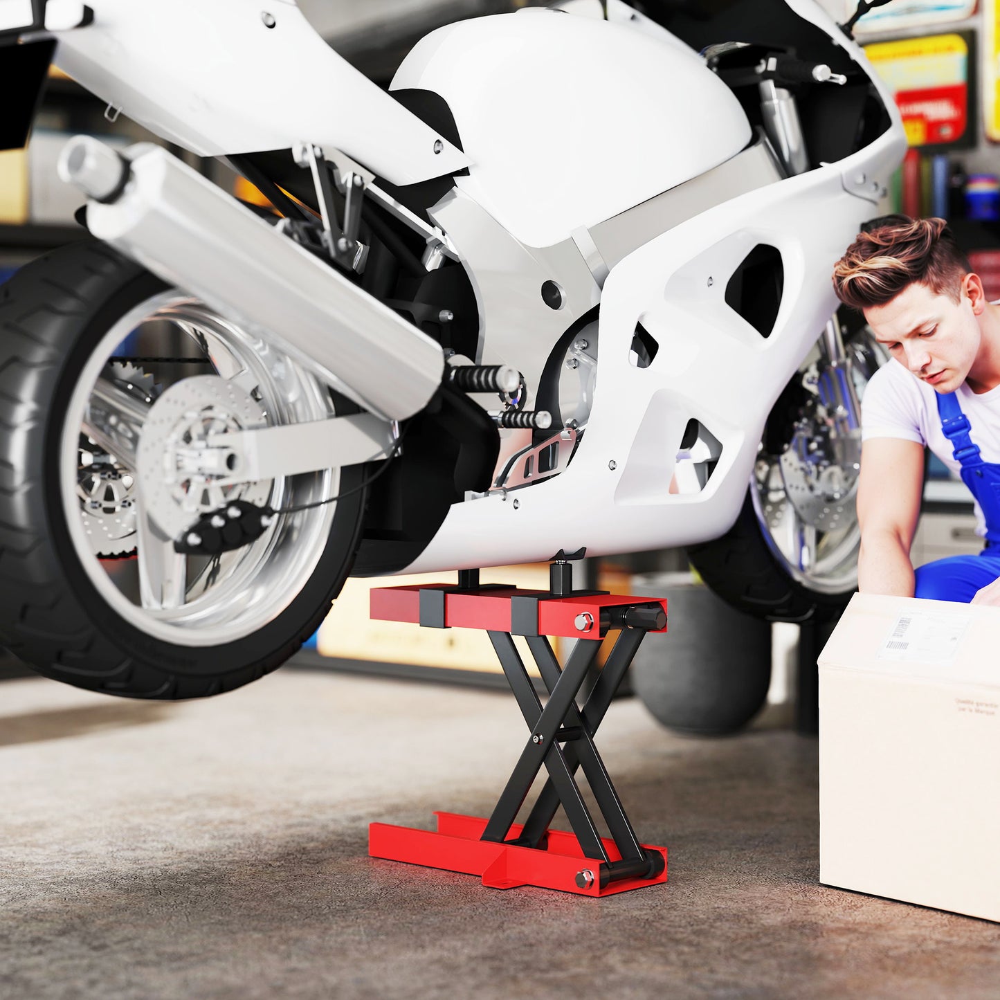 HOMCOM Motorradheber 500 kg Belastbar Motorradhebebühne 95-400 mm Höhenverstellbar 45 x 15 x 9,5-40 cm Rot