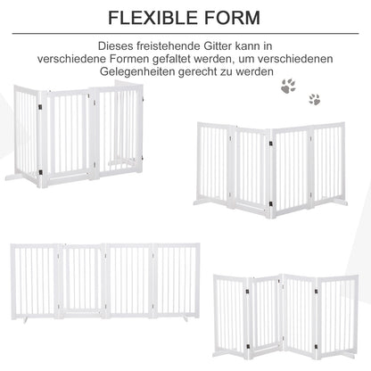 PawHut Absperrgitter Hund 4-teilig, 204 x 75 cm Faltbar Türschutzgitter mit Tür, Freistehend Hundegitter mit 2 Stützfüßen, Treppengitter aus Holz für Flur, Küche, Treppe, Weiß