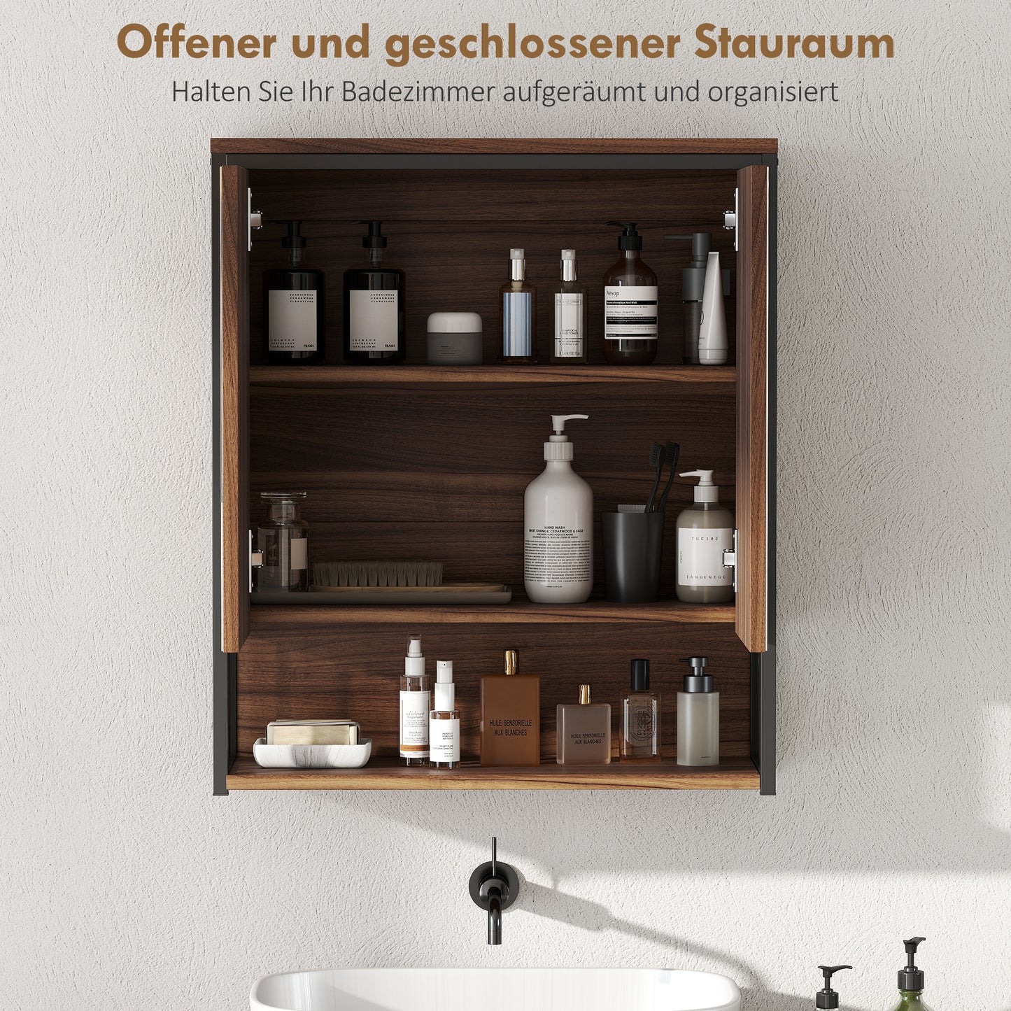 HOMCOM Hängender Spiegelschrank für Badezimmer, Badschrank aus MDF, Spanplatte, Braun