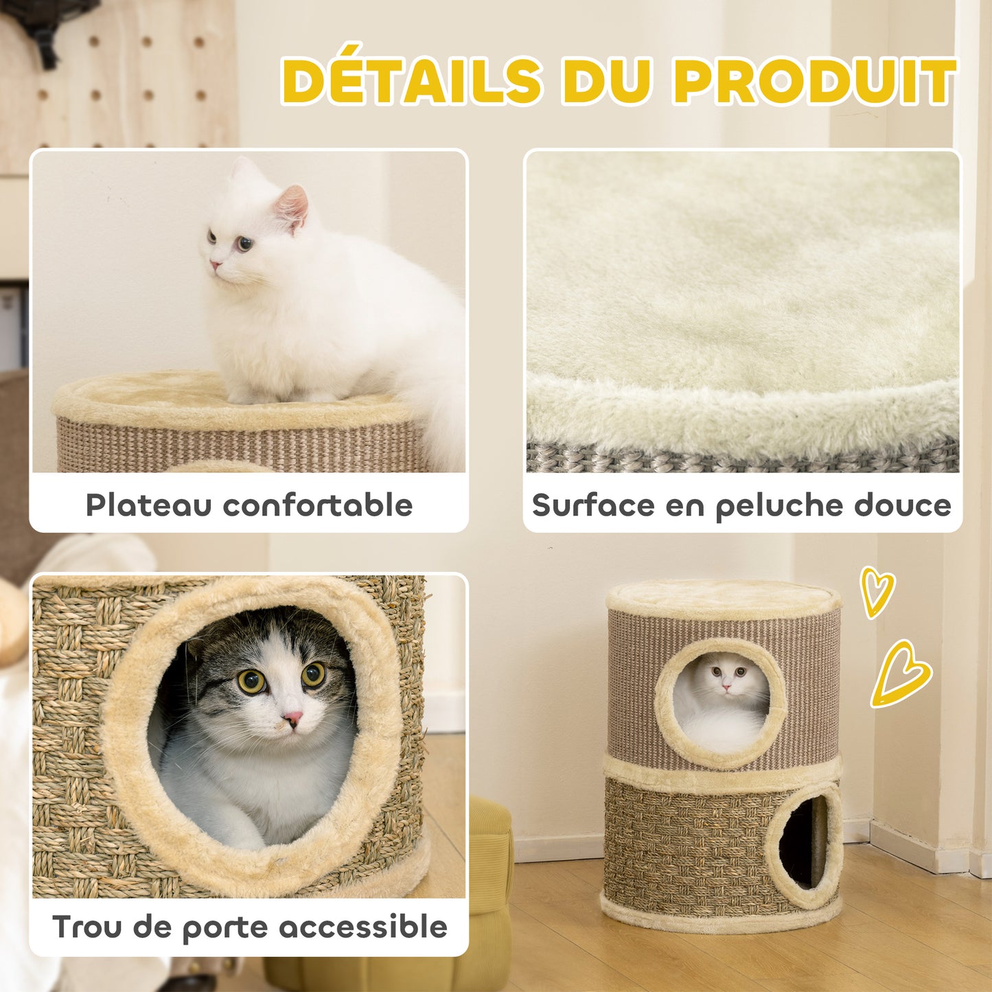 PawHut Kratztonne, 49 cm hög, Ø35,5 cm zweistöckige Katzentonne mit Plüschrand Kratzmatte, 2 Höhle Khaki+Kaffee