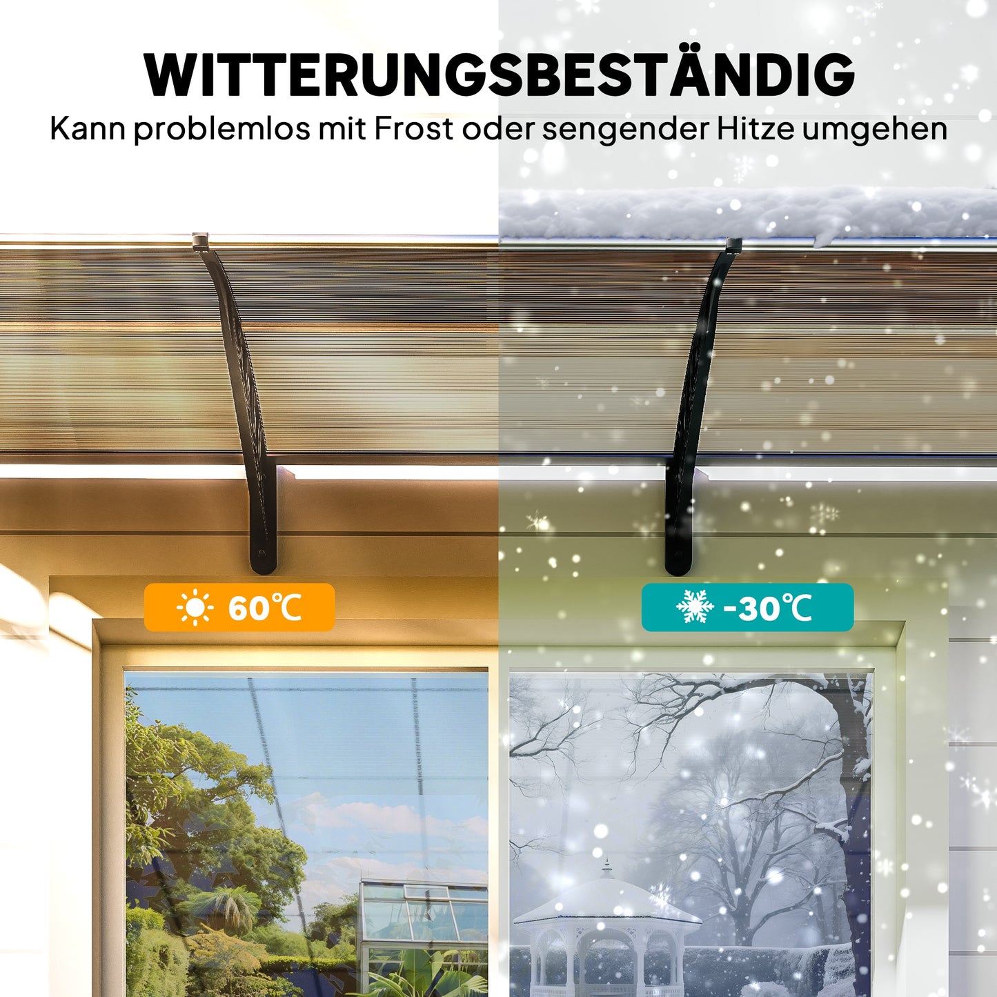 Outsunny Vordach für Haustür/Fenster, wetterfest, Braun, Aluminium/Polykarbonat, 303x96x27cm, Schwarz