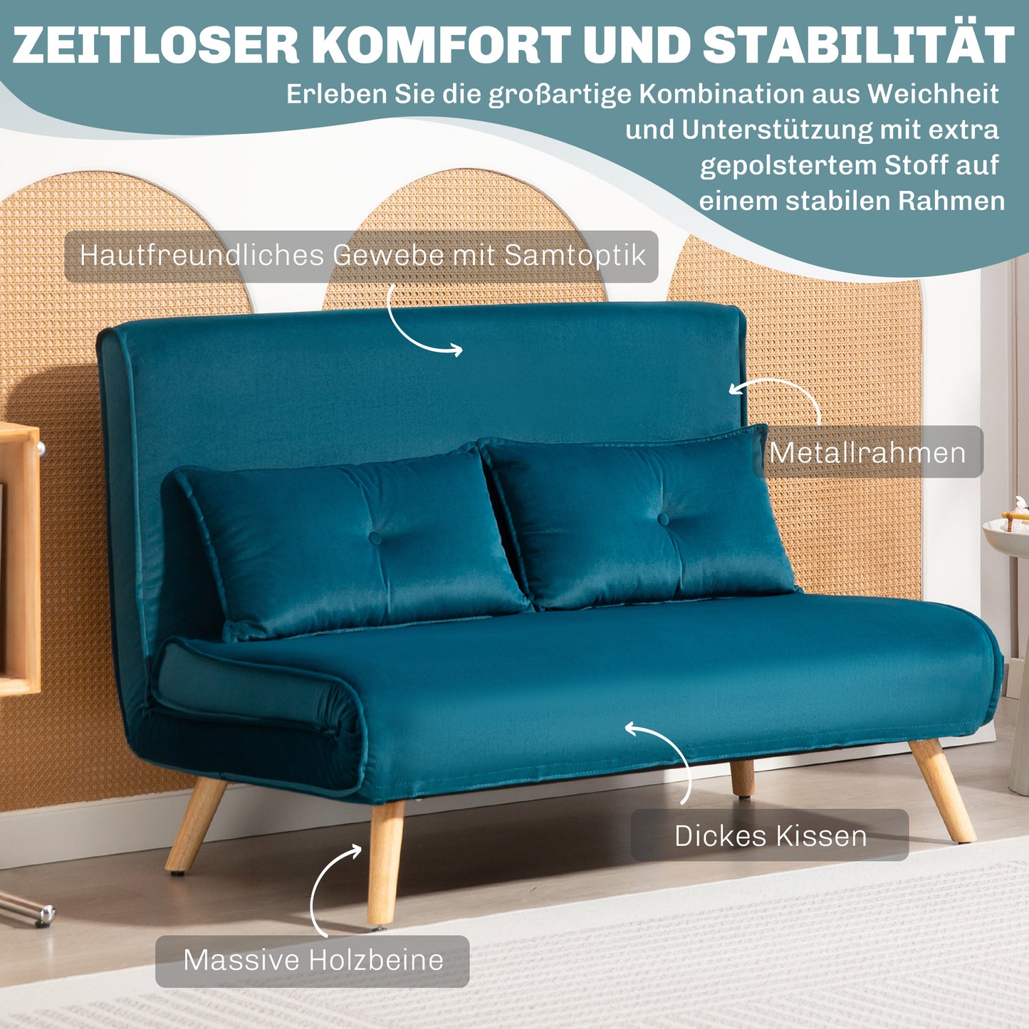 HOMCOM 2-Sitzer-Schlafsofa, Bettsofa, in Bett umwandelbare Couch, verstellbare Rückenlehne, Stoffbezug, Metallrahmen, Grün