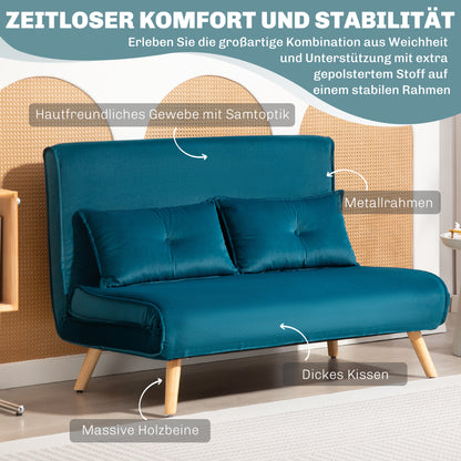 HOMCOM 2-Sitzer-Schlafsofa, Bettsofa, in Bett umwandelbare Couch, verstellbare Rückenlehne, Stoffbezug, Metallrahmen, Grün