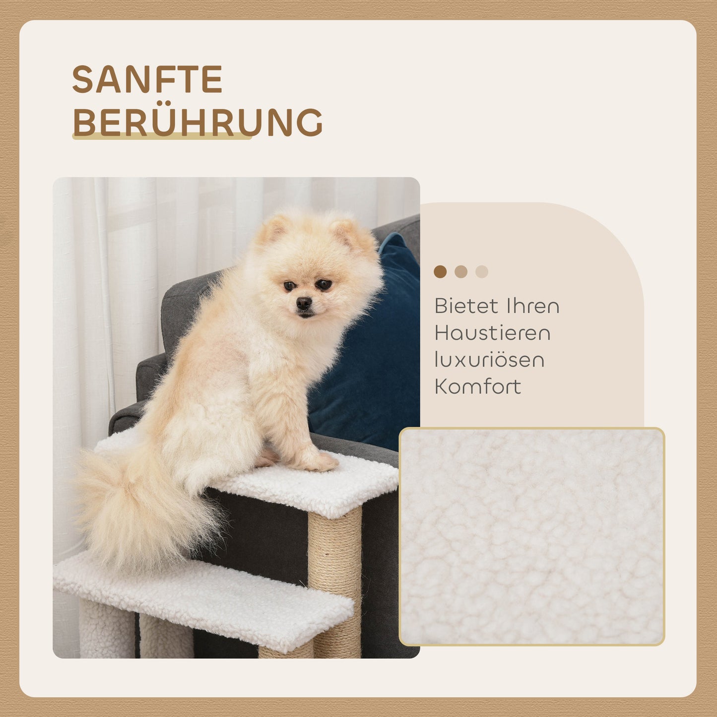 PawHut Katzentreppe 4-stufige Haustiertreppe mit Kratzsäulen Ball Hundetreppe Tiertreppe für Katzen bis 5 kg Plüsch Jute Weiß 60 x 40 x 64 cm