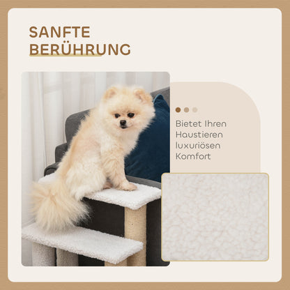 PawHut Katzentreppe 4-stufige Haustiertreppe mit Kratzsäulen Ball Hundetreppe Tiertreppe für Katzen bis 5 kg Plüsch Jute Weiß 60 x 40 x 64 cm