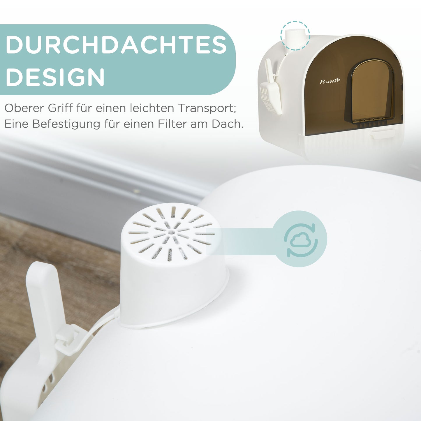 PawHut Katzentoillete mit Filter, 1 Ersatzfilter, 1 Bodenmatte, 43 cm x 44 cm x 47 cm, Schwarz + Weiß