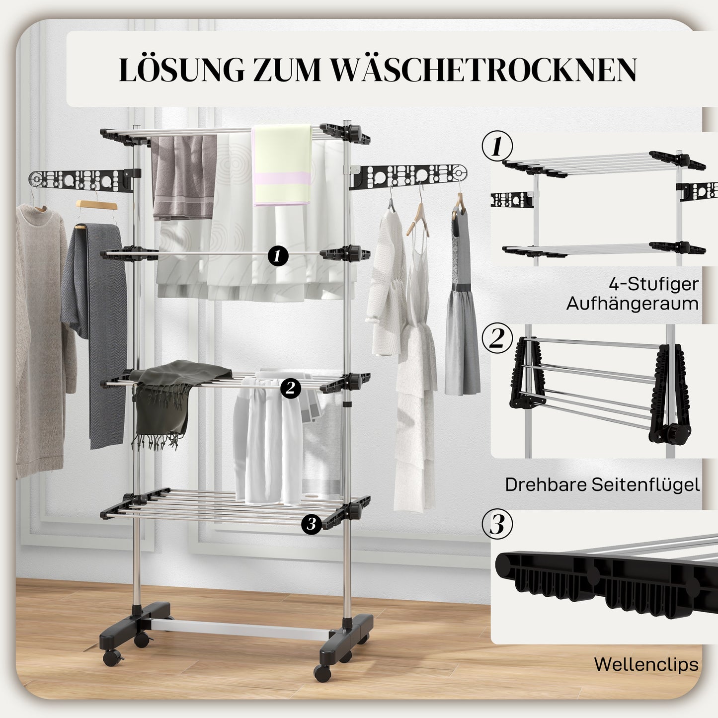 HOMCOM Wäschenständer Wäschetrockner 5 Ebenen, klappbar, One-Klick-System, 142 cm x 55 cm x1 72 cm, Schwarz + Silber