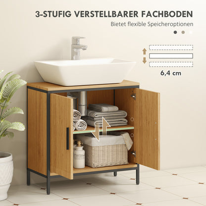 HOMCOM Waschbeckenunterschrank, Unterschrank mit 2 Türen, einstellbarem Regal, 60x30x60 cm Badezimmerschrank mit Stahlrahmen, für Waschbecken ohne Sockel, Eiche