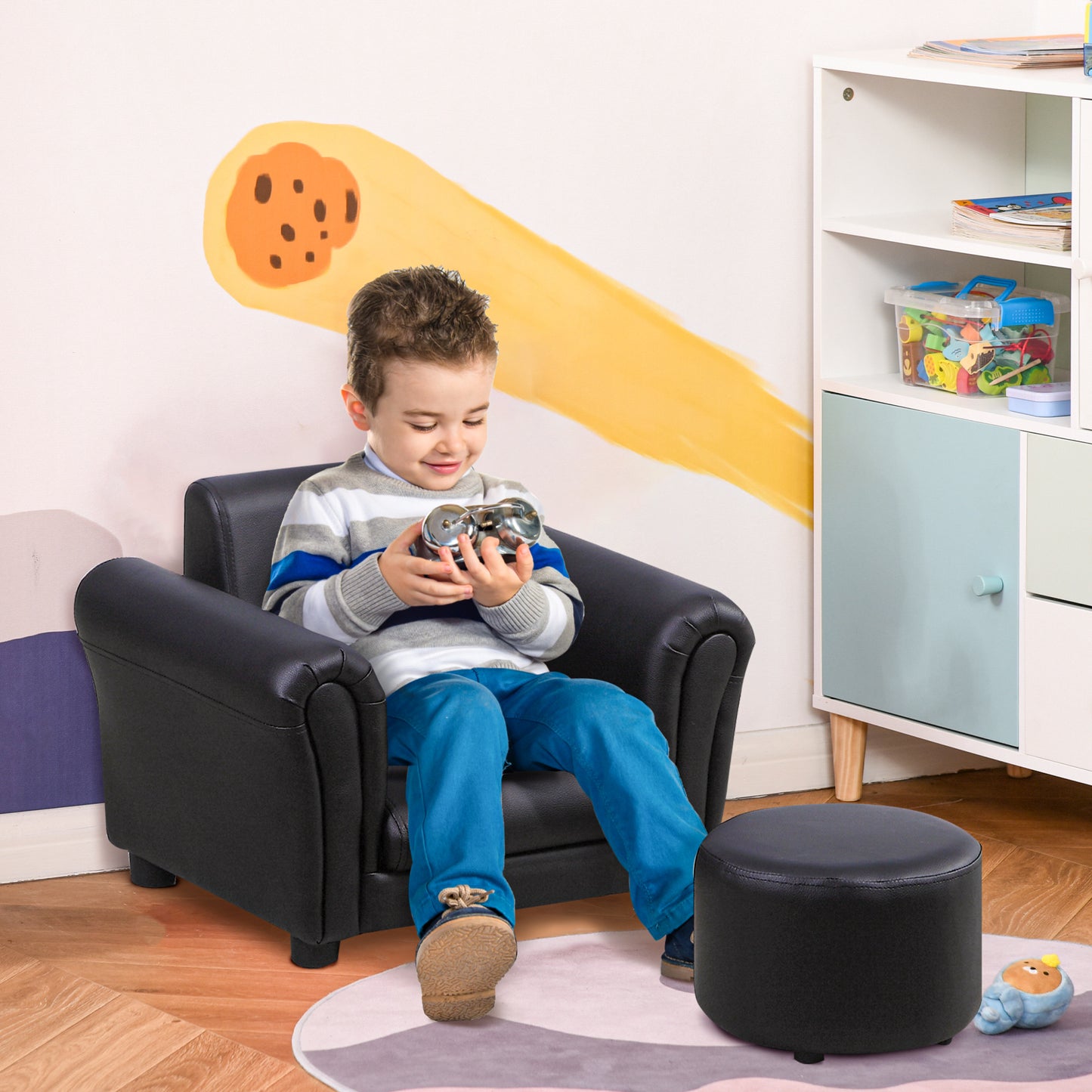 HOMCOM Kindersessel mit Fußhocker Kindercouch Kindersofa Minisofa für 1,5-3 Jahre Kinder Kindermöbel Holz Schwarz 54 x 42 x 41 cm