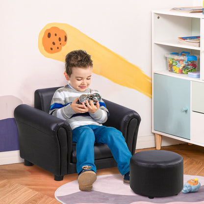 HOMCOM Kindersessel mit Fußhocker Kindercouch Kindersofa Minisofa für 1,5-3 Jahre Kinder Kindermöbel Holz Schwarz 54 x 42 x 41 cm