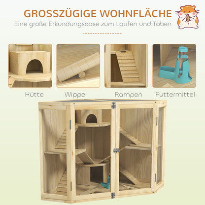 PawHut Hamsterkäfig, 4-Ebenen-Design, mit Fütterungsstation, Wippe, Rampe, Hütten, 115 x 69,5 x 79 cm, Holz