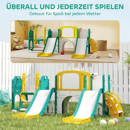 AIYAPLAY 9-in-1 Rutschen- und Schaukelset für Kleinkinder, mit Basketballkorb, Teleskop, Zeichenbrett, Frosch-Design, Gelb+Grün