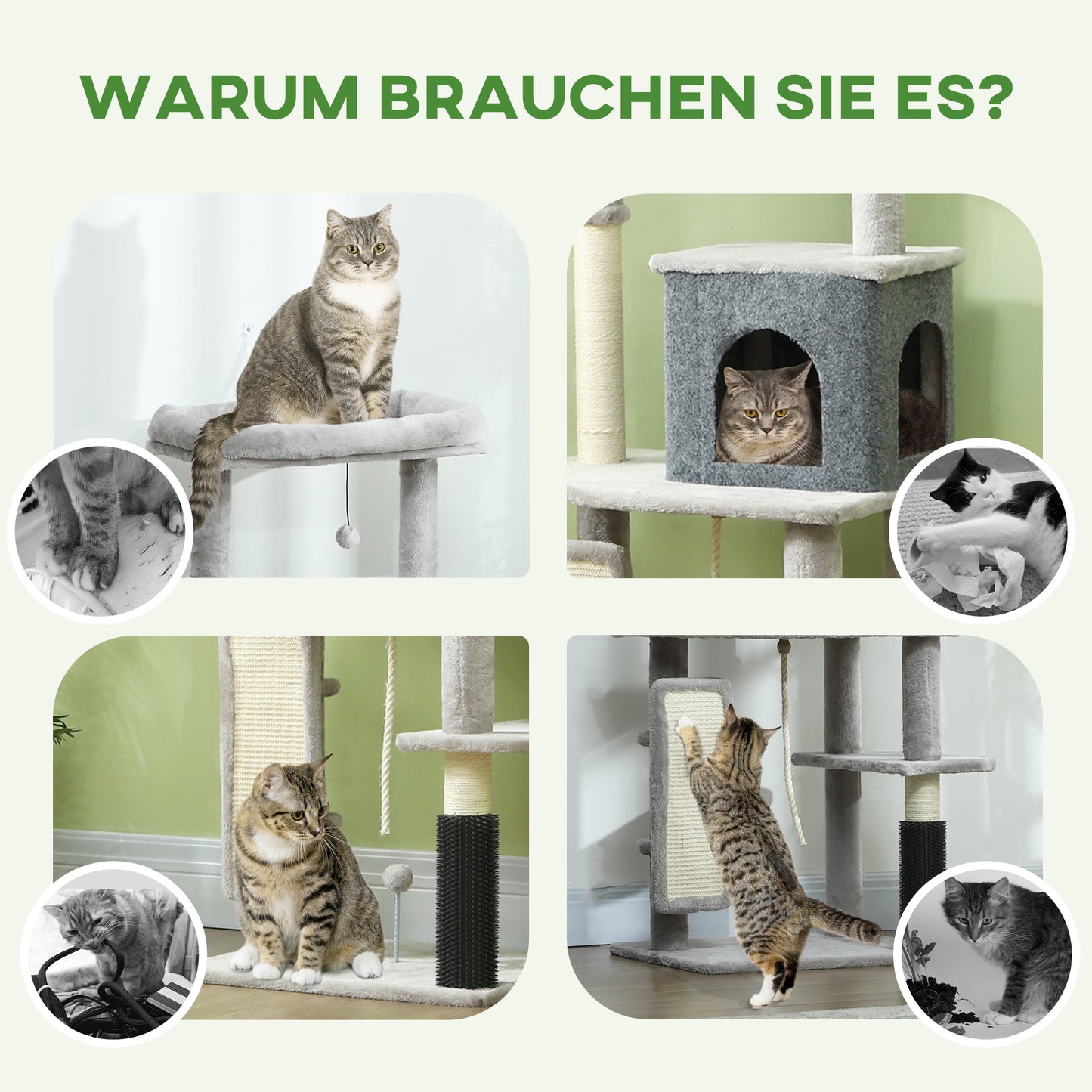 PawHut 132 cm Katzenbaum mit Kratzpfosten, Bett, Haus, Sprungplattformen, Pflegebürste, Hellgrau