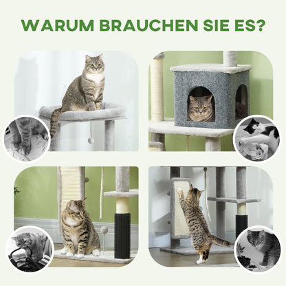 PawHut 132 cm Katzenbaum mit Kratzpfosten, Bett, Haus, Sprungplattformen, Pflegebürste, Hellgrau