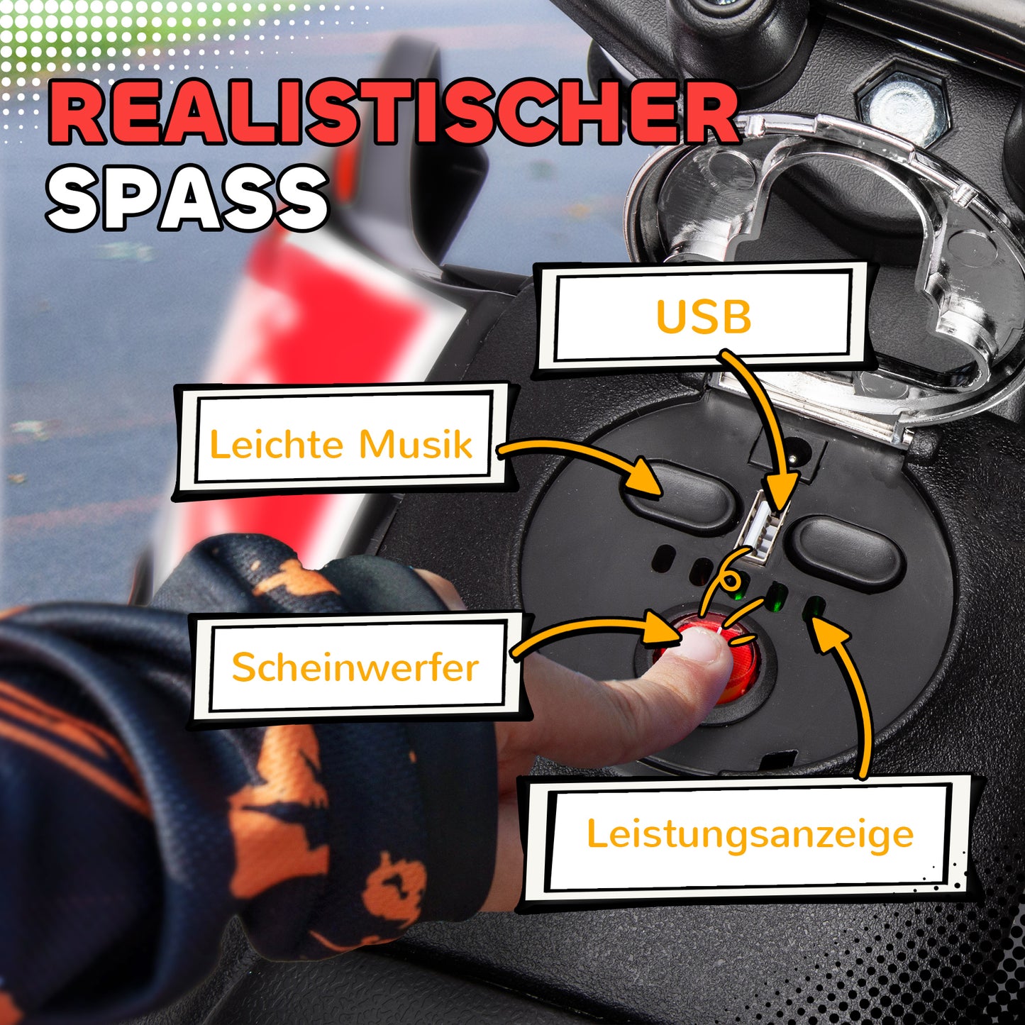 AIYAPLAY 12V Kinder-Motorrad mit Stützrädern, LED-Lichtern, Musik, USB, Elektro-Motorrad für Jungen und Mädchen, Weiß