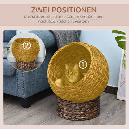 PawHut Katzenkorb aus Wasserhyazinthe inkl. Kissen, Katzenbett, Haustierbett, 50 cm x 42 cm x 60 cm, Braun + Beige