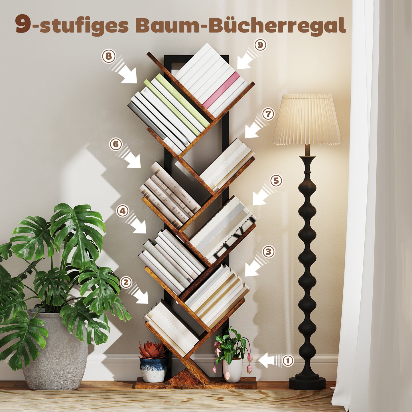 HOMCOM Bücherregal Standregal mit 9 Ebenen Schmal Regal im Baumform für Büro, Rustikal Braun