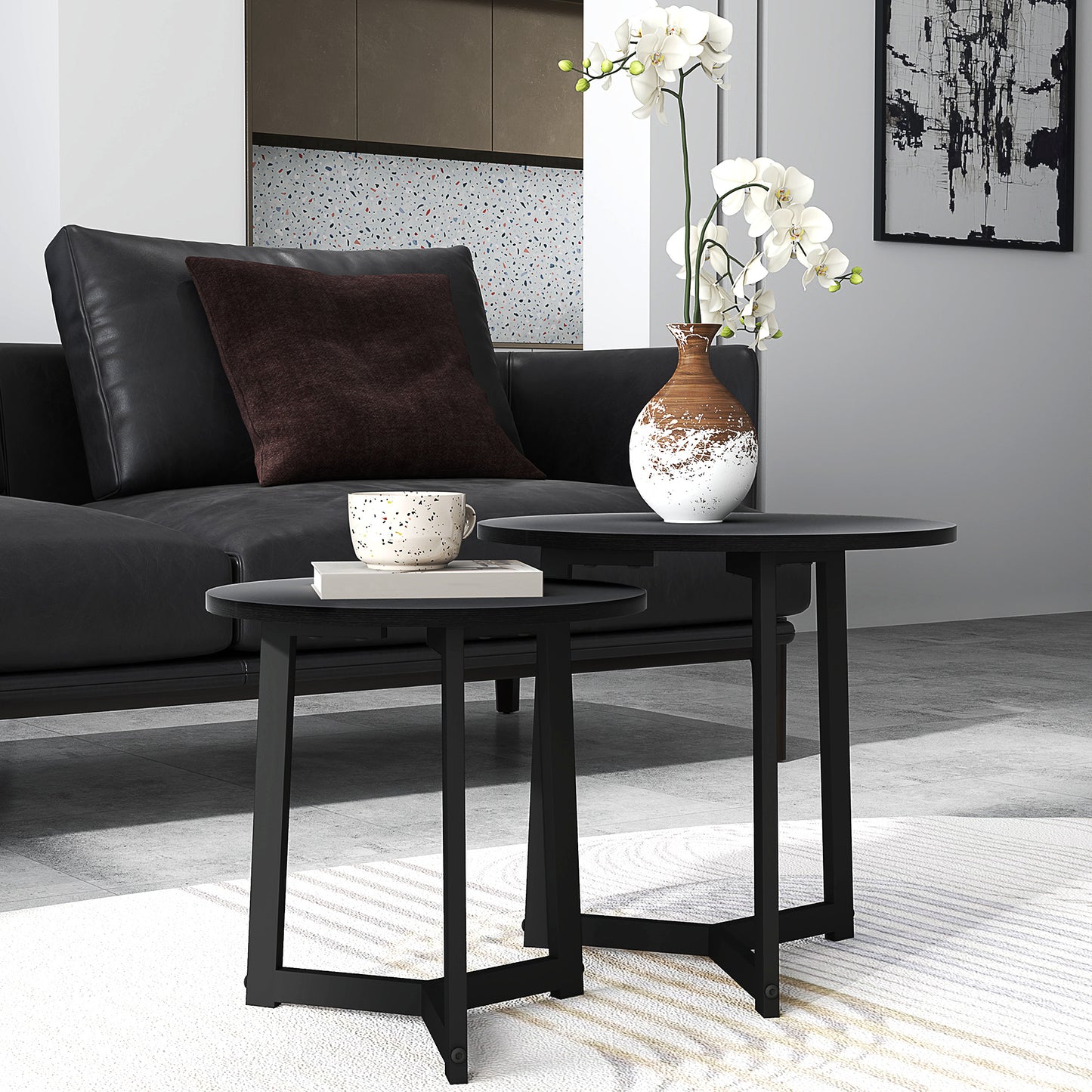 HOMCOM Moderner Couchtisch als 2er-Set, Metallrahmen, MDF, Rundes Design, ineinander verschiebbar, Schwarz