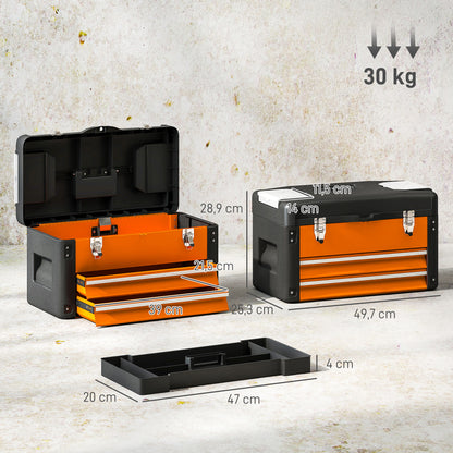 HOMCOM Werkzeugkiste leer, 49,7 x 25,3 x 28,9 cm Werkzeugkasten mit Schublade, Mini-Box Stahl Orange