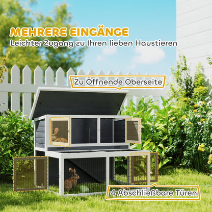 PawHut Hasenstall 2 Ebenen mit klappbar Dach Kaninchenstall aus Vollholz Winterfest Doppelstockhaus 122x95x93,5 cm Grau
