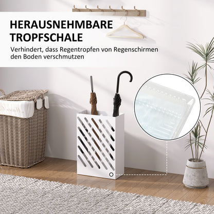 HOMCOM Regenschirmständer mit Tropfschale, 4 Haken, Stahl, 28L x 14B x 41H cm, Weiß