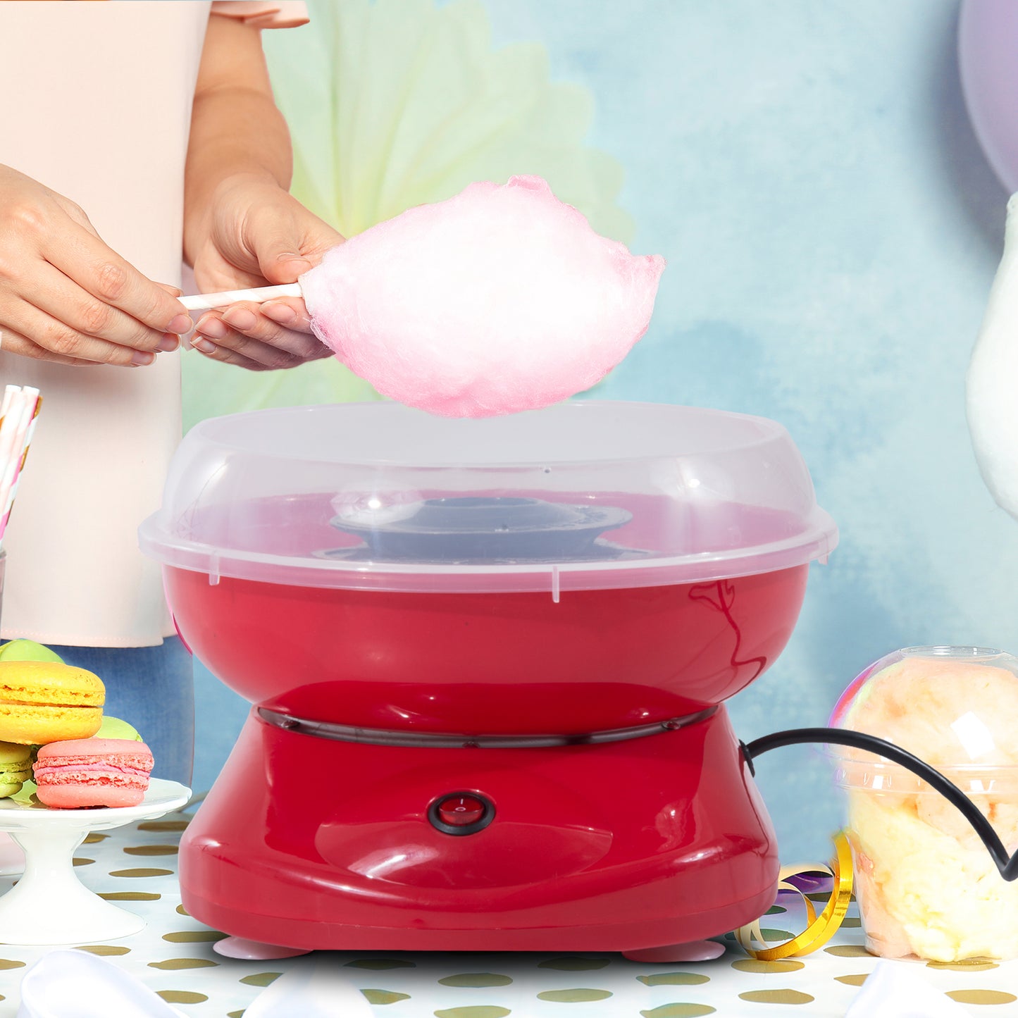 HOMCOM Zuckerwattemaschine für Zuhause Cotton Candy Machine Zuckerwatte Maschine mit Stäbchen und Messlöffel Höhe 18 cm 550W für Kinderfest, Geburtstag, Party Rot