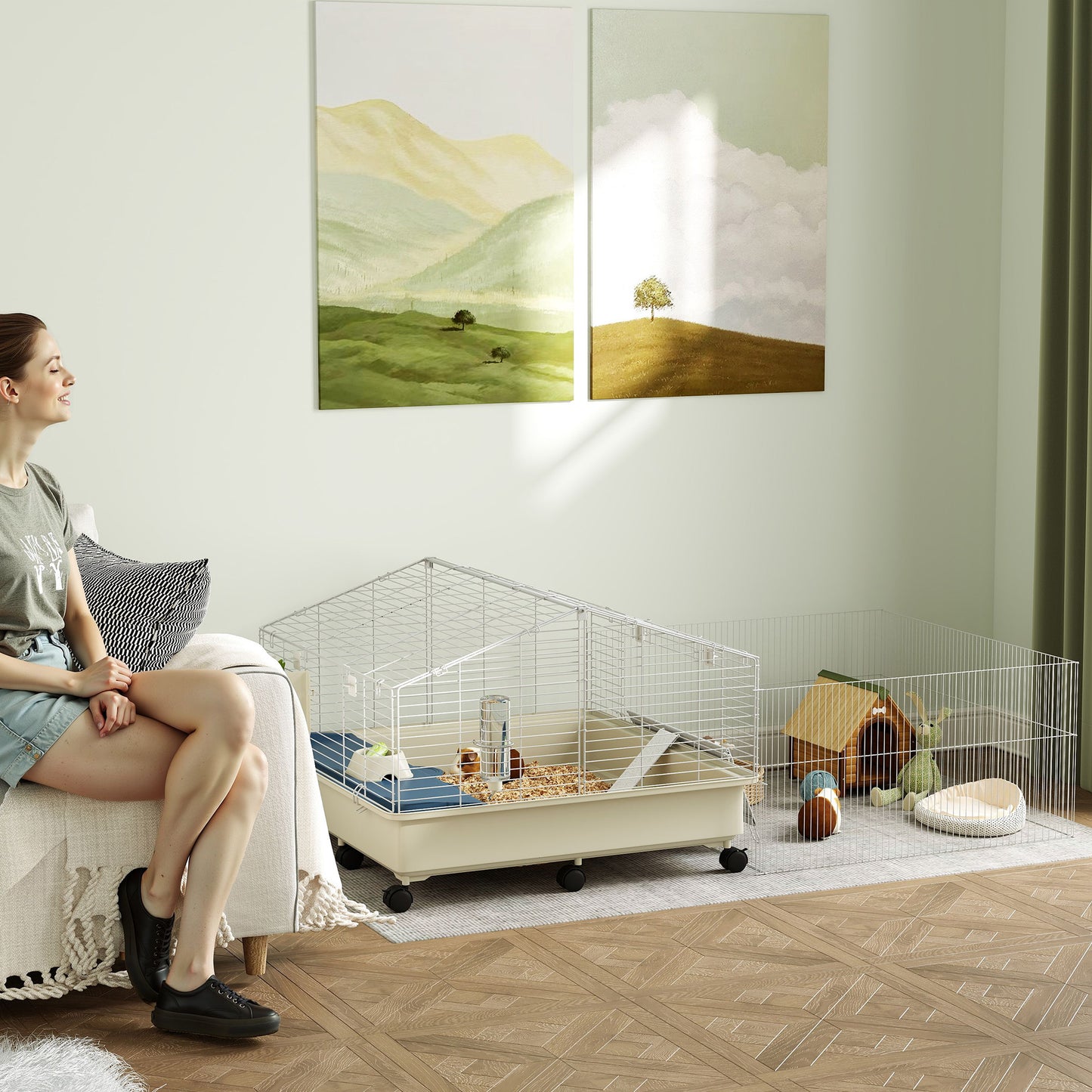 PawHut Kleintierkäfig, Balkon, Rampe, Futtertrog, Wasserflasche, 2-Ebenen-Design, Weiß