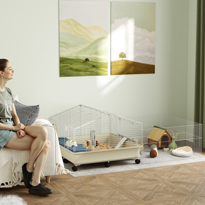 PawHut Kleintierkäfig, Balkon, Rampe, Futtertrog, Wasserflasche, 2-Ebenen-Design, Weiß