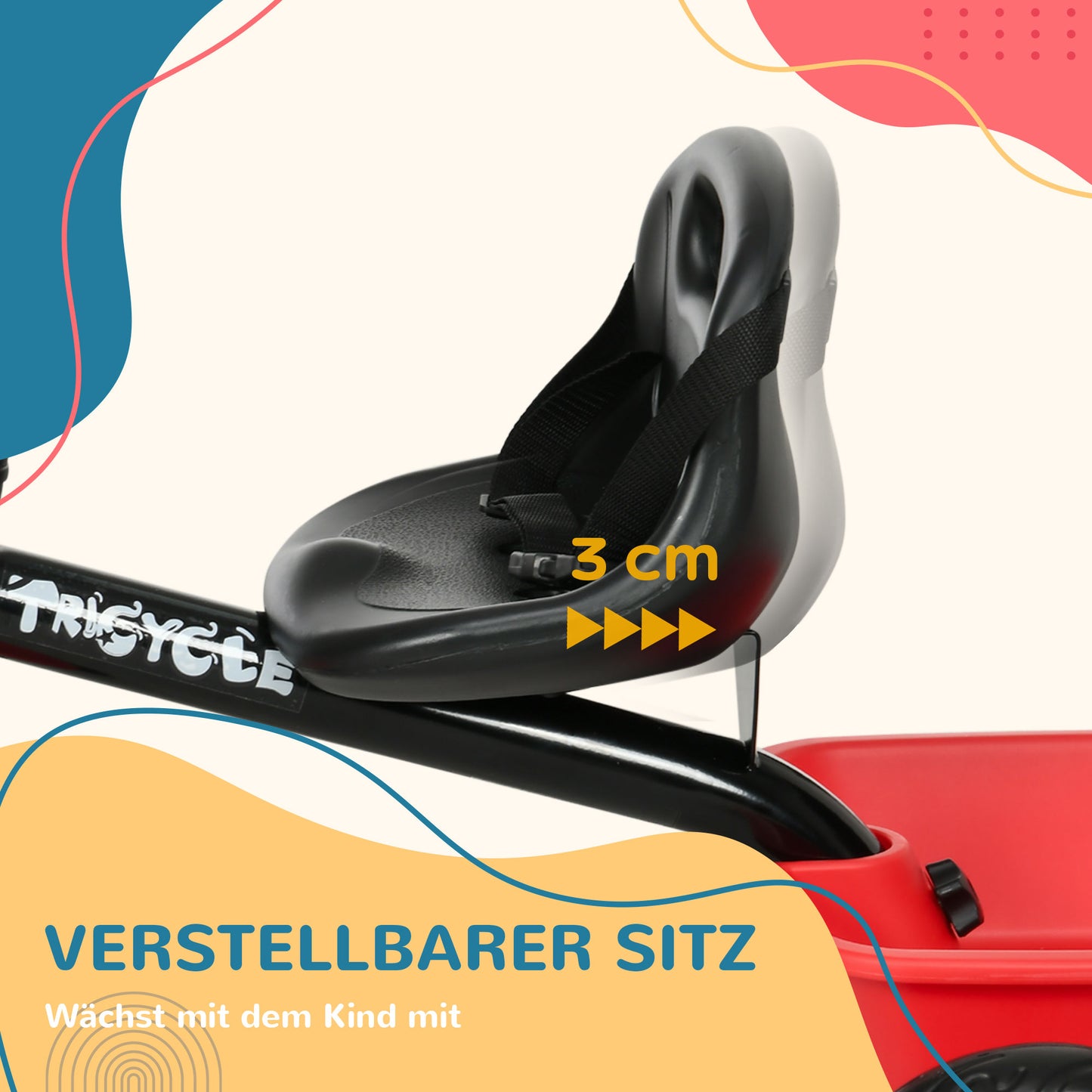 AIYAPLAY Kinderdreirad mit Beckengurt, 2 Körben, höhenverstellbarer Sitz, Metallrahmen, für Kinder 2-5 Jahre, schwarz+rot
